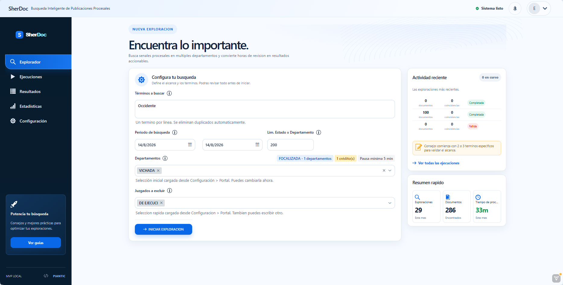 Vista del explorador de SherDoc, con criterios de búsqueda, fechas y departamentos