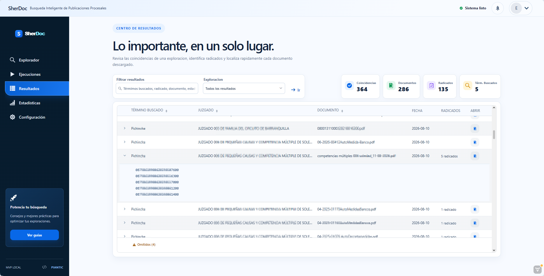 Vista de resultados de una exploración en SherDoc